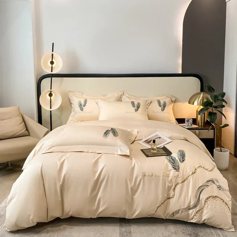 DecorBites™ Cotton Embroidery Bed Linens Set: Full-Queen-King Size, Sheet, Duvet Cover, Pillowcase
