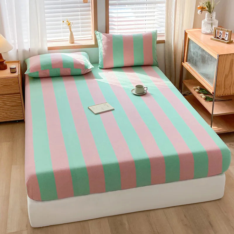 DecorBites™ Cotton Stripe Fitted Sheet- Single Cozy Mattress Cover with Elastic Band
