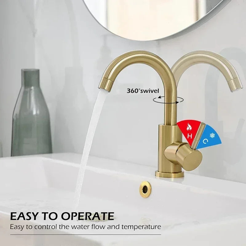 DecorBites™ Gold Stainless Steel Basin Faucet, Single Handle Hot/Cold Bathroom Sink Mixer
