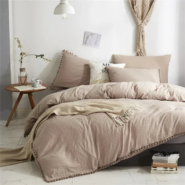 DecorBites™ Furball Tasseles Bedding Set | King/Queen Duvet Cover & Washed Quilt Cover Set