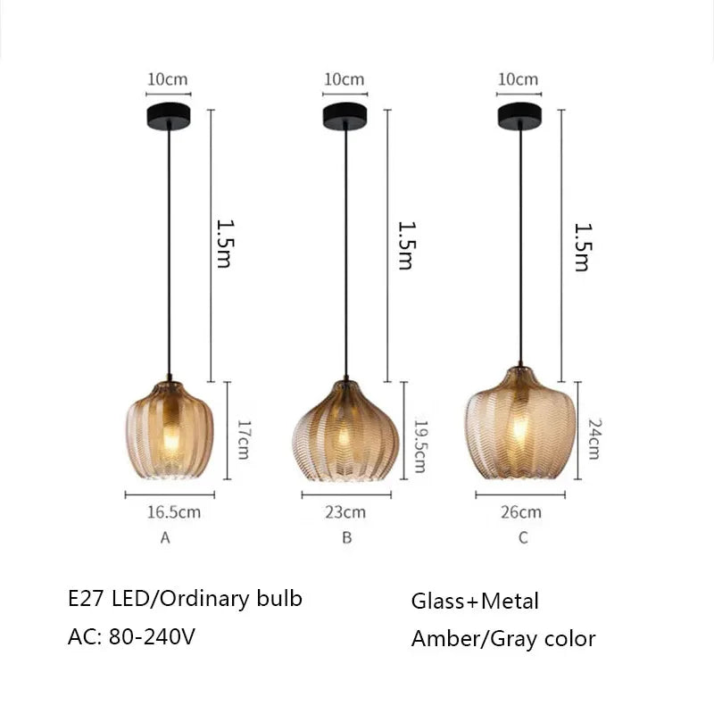 DecorBites™ Amber Gray Glass Chandelier LED Light Modern Nordic Bedroom Restaurant Bar Staircase Lamp
