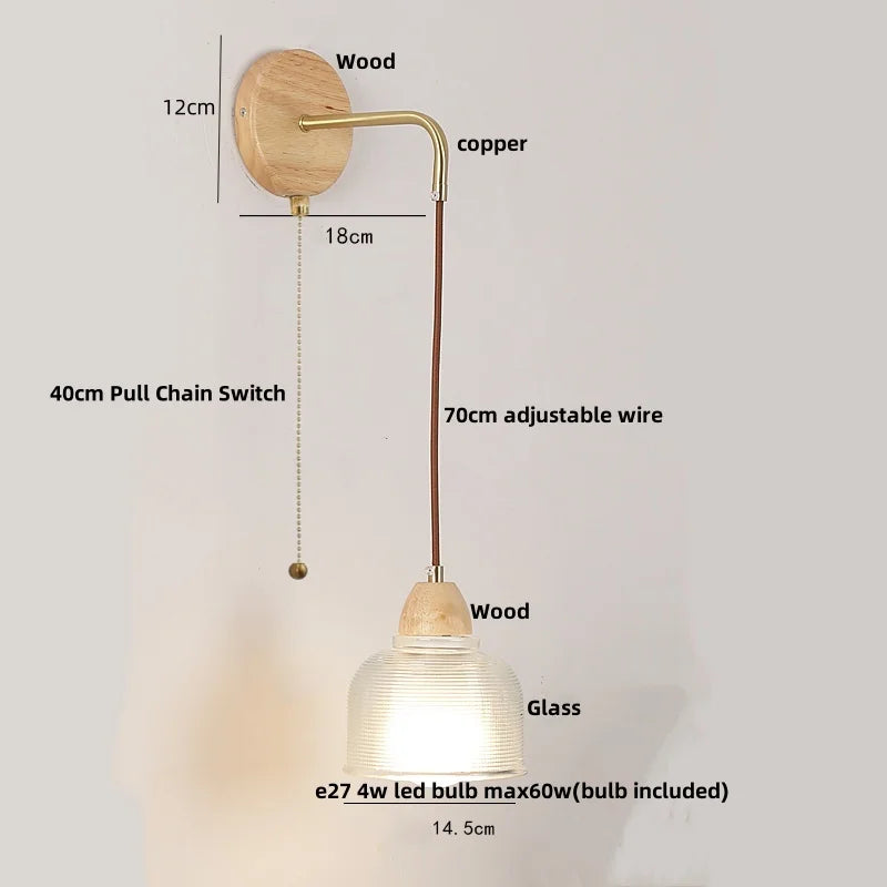 DecorBites™ Clear Glass LED Wall Lights with Wood Pull Chain Switch, Modern Art Bedside Lamp