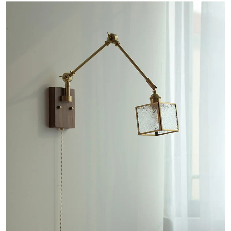 DecorBites™ Ash Wood LED Wall Lights Swing Arms Blue Glass Bedside Lamp