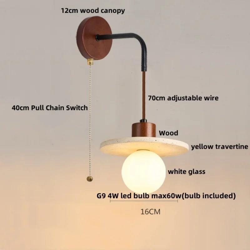 DecorBites™ LED White Glass Wall Light Fixture Modern Pull Chain Switch Bedside Sconce