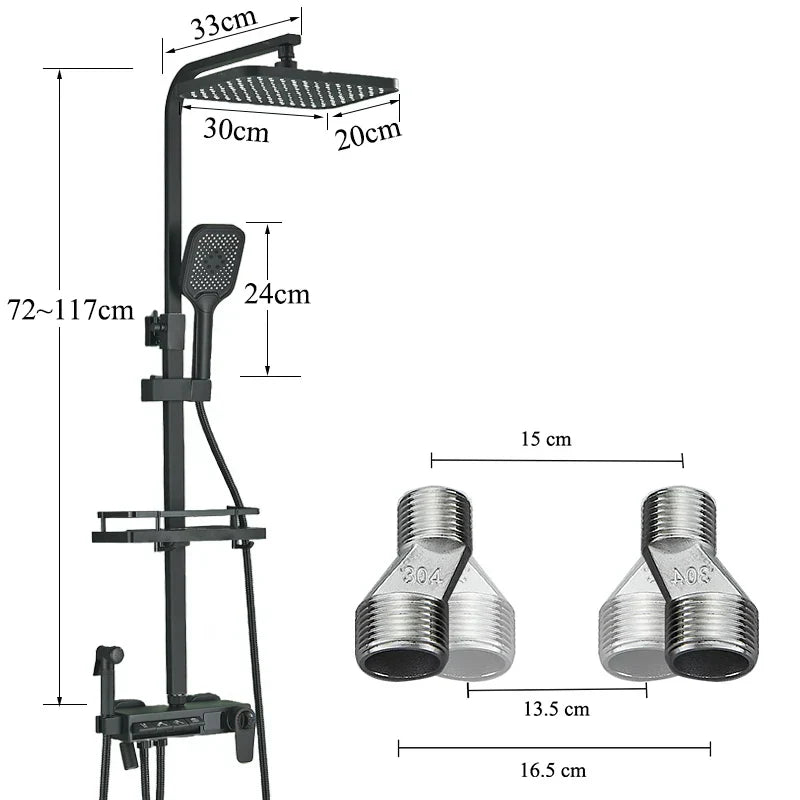 DecorBites™ Digital Display Thermostatic Shower Faucet Set with Rainfall Shower Column in Chrome