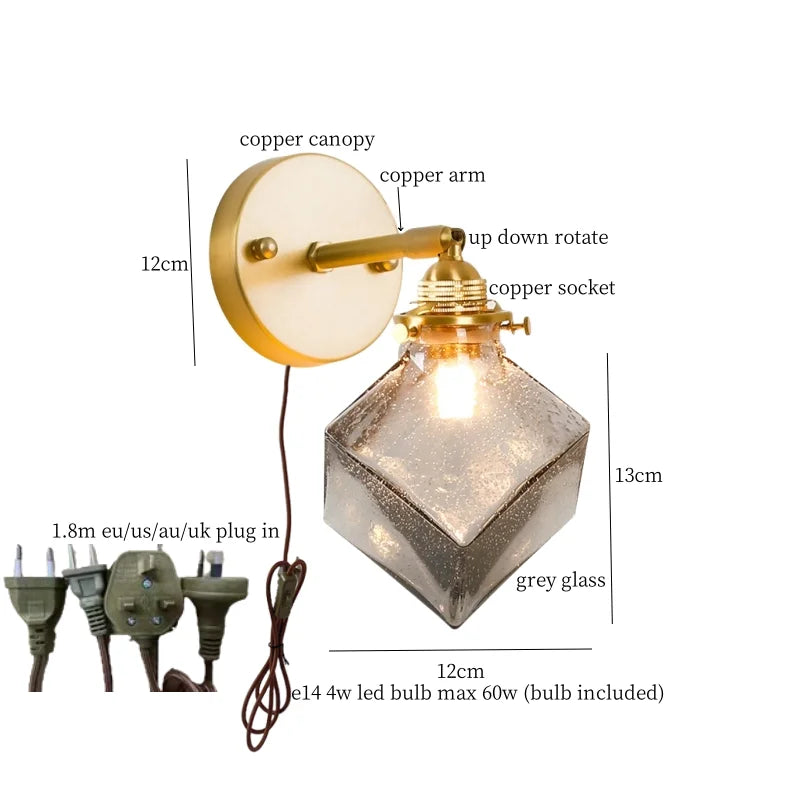DecorBites™ مصباح حائط زجاجي رمادي بتقنية LED لغرفة النوم وغرفة المعيشة، تصميم علوي حديث، مصباح نحاسي عصري