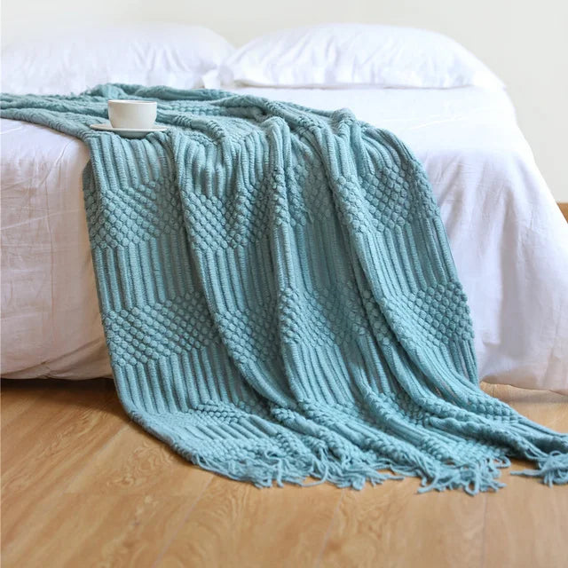 DecorBites™ 3D Knitted Tassel Blanket: Stylish Home Decor Throw for Sofa & Bed