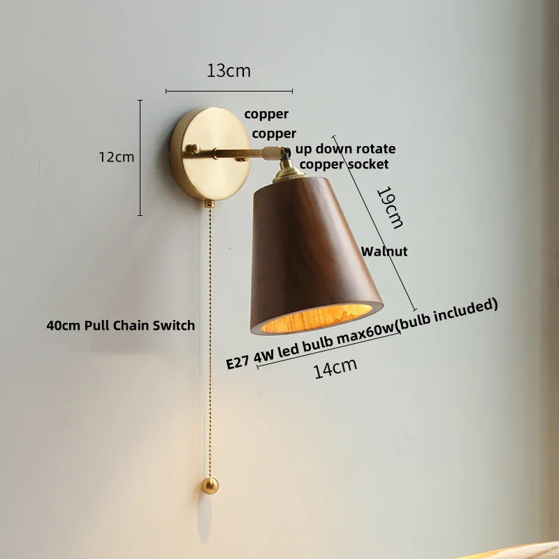 DecorBites™ LED Walnut Wood Wall Sconce Pull Chain Switch Modern Japanese Style Mirror Light