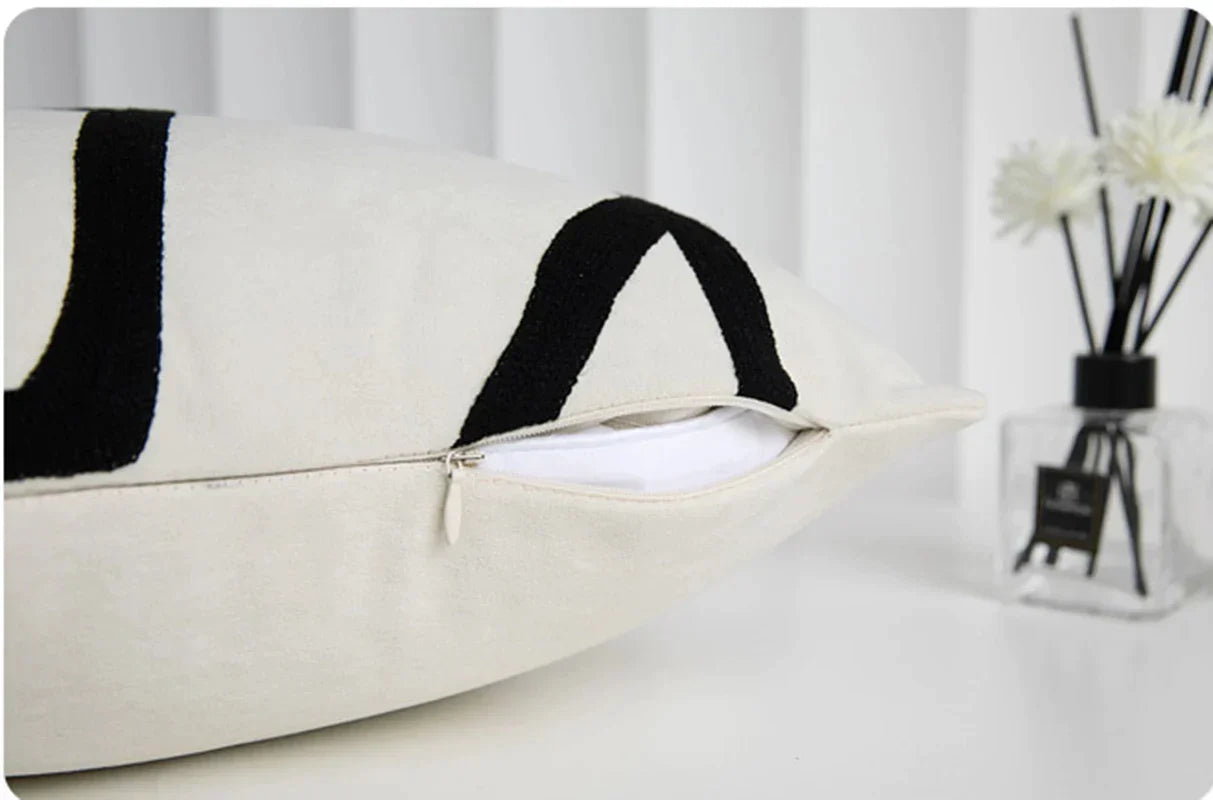 DecorBites™ Geometric Line Embroidered Pillowcase in Black White Beige Suede Canvas