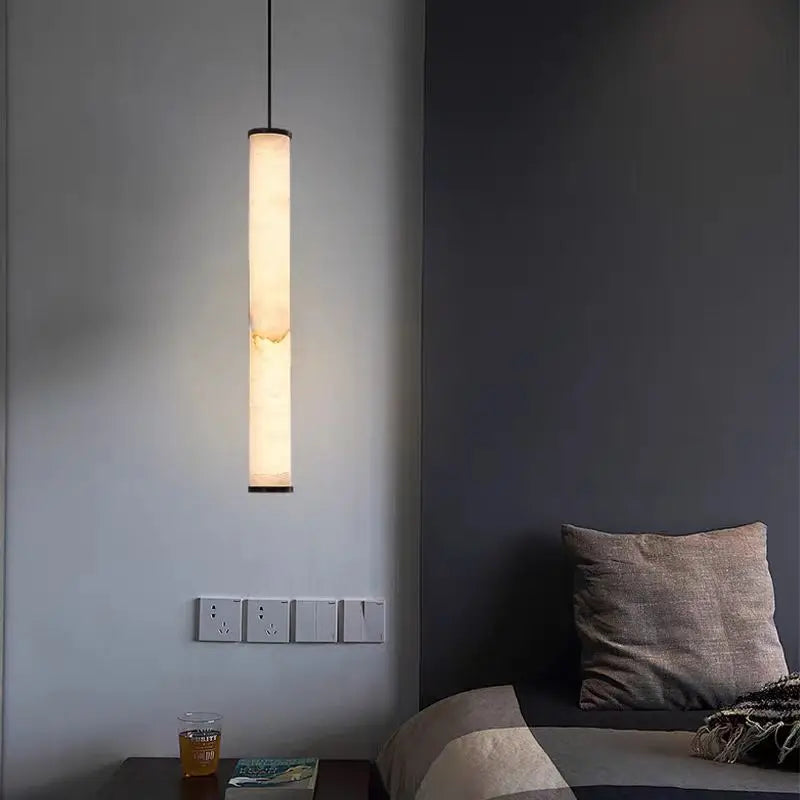 Cylindrical Marble Pendant Light in Black Brass