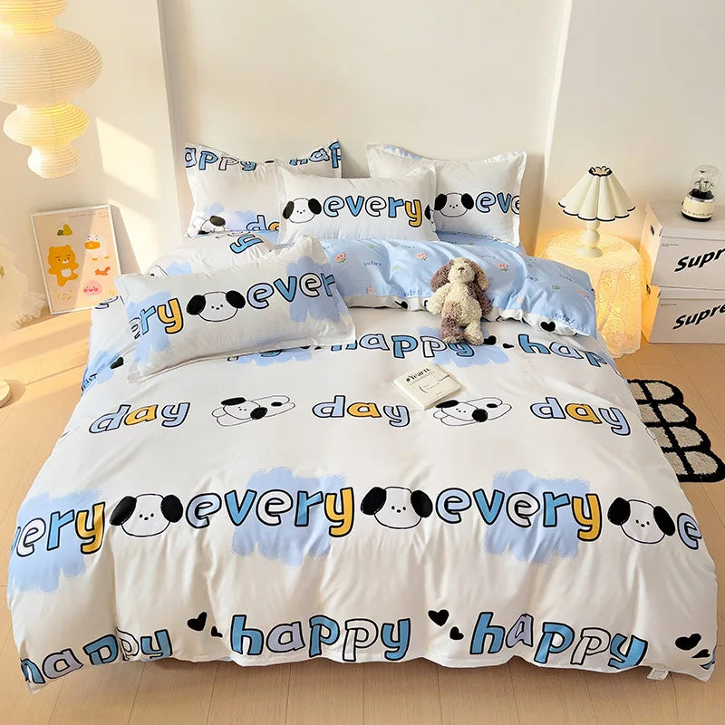 DecorBites™ Letter Happy Little Dog Print Bedding Set for Single Double Bed, 3/4Pcs