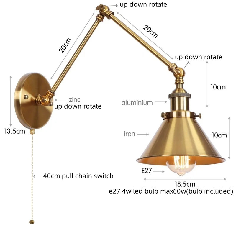 DecorBites™ Gold Long Arm LED Wall Sconce with Pull Chain Switch