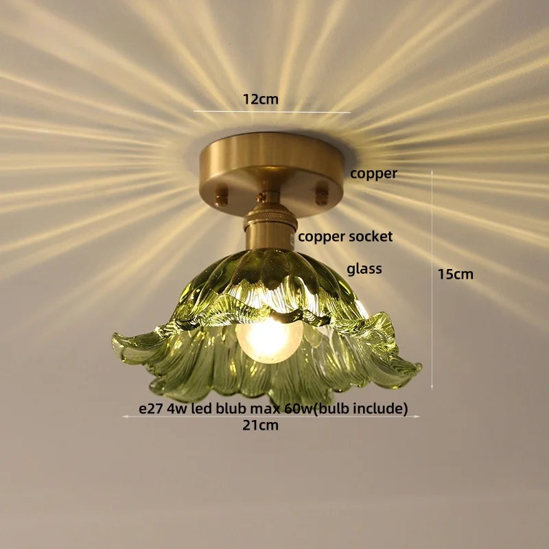 مصباح سقف نحاسي زجاجي على شكل زهرة خضراء DecorBites™ - إضاءة LED عصرية على الطراز الاسكندنافي لغرفة المعيشة وغرفة النوم والردهة