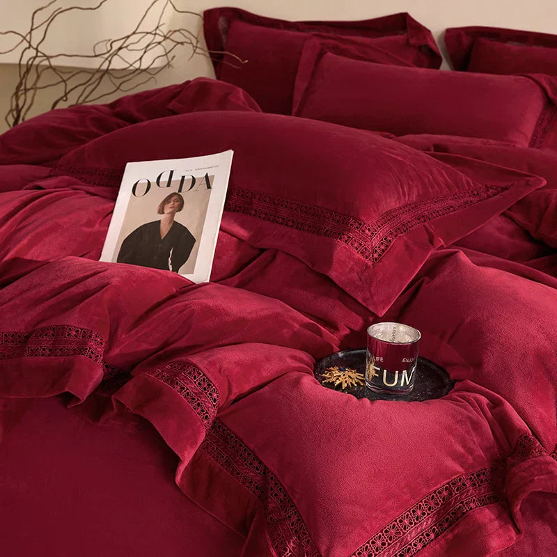 DecorBites™ Cozy Velvet Lace Bedding Set: Duvet Cover, Sheet, Pillowcases - 4Pcs Warm & Stylish