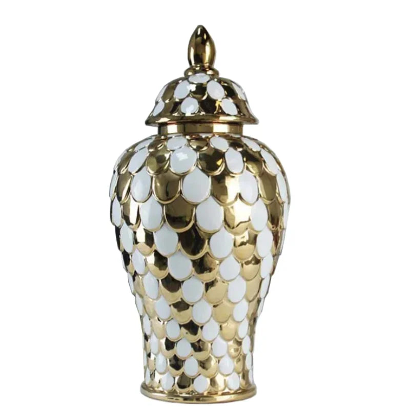 DecorBites™ Geometric Golden Porcelain Jar - Home Decor Vase & Storage Tank