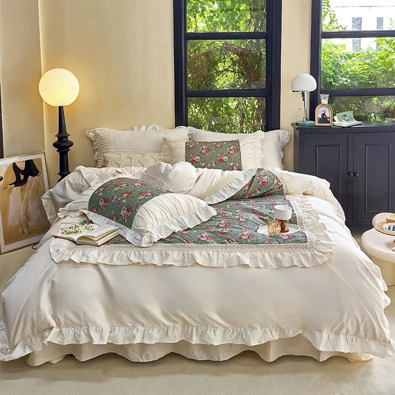 DecorBites™ French Flowers Lace Ruffles Cotton Bedding Set with Duvet Cover, Bed Skirt, and Pillowcases