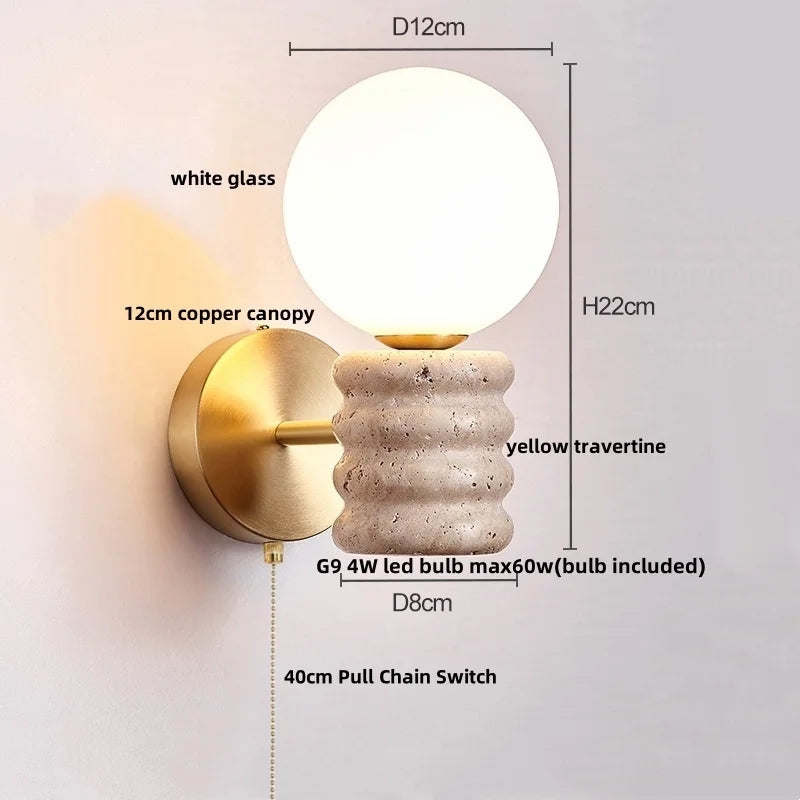 DecorBites™ LED Wall Light Fixture Travertine Stone Wood Canopy Bedside Lamp