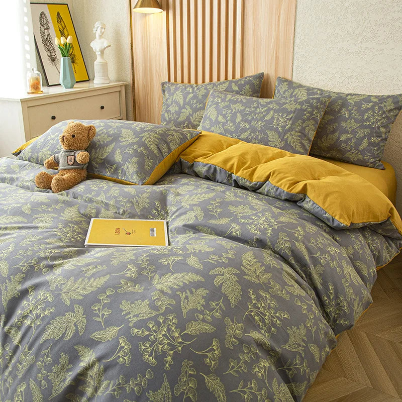 DecorBites™ Green Leaf Print Bedding Set with Flat Sheet & Pillowcase, Single Queen Size