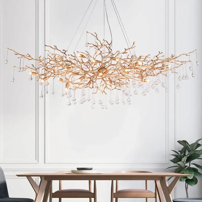 فانوس السقف LED من DecorBites™ على شكل فرع كريستالي، مصباح تعليق نحاسي فاخر