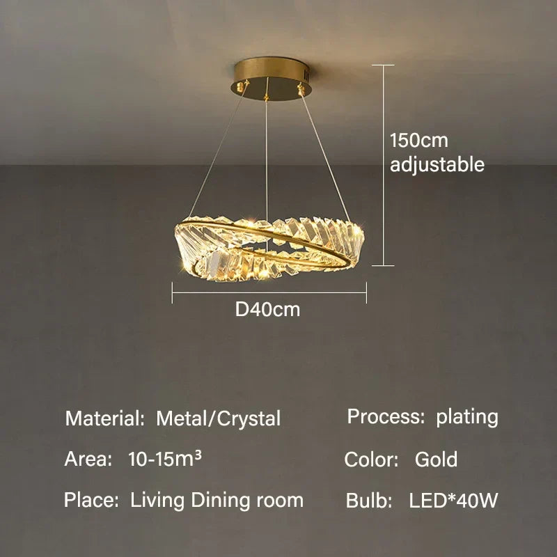 ثريا قلادة كريستال ذهبية بتقنية LED من DecorBites™ لإنارة غرف المعيشة والطعام الفاخرة والديكور