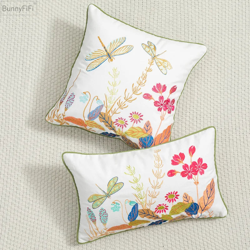 DecorBites™ Daisy Floral Green Leaves Embroidery Cushion Cover for Living Room Bedroom