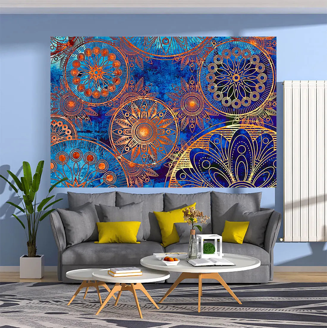 DecorBites™ نسيج الدانتيل الذهبي المعلق على الحائط باللون الأزرق لديكور المنزل الراقي