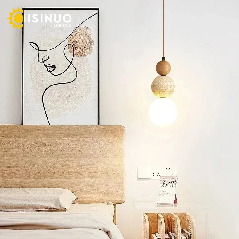 Wabi Sabi Cream Stone Pendant Light With Wooden Accent