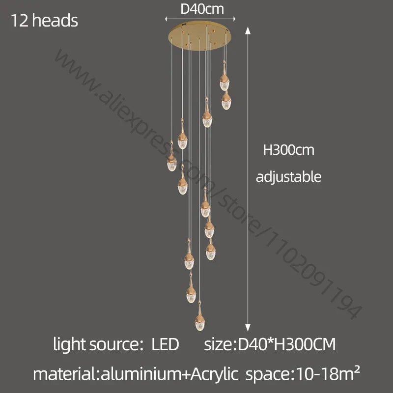 DecorBites™ Gold LED Staircase Chandelier: Elegant Luxury Large Pendant Lamp for Living Room