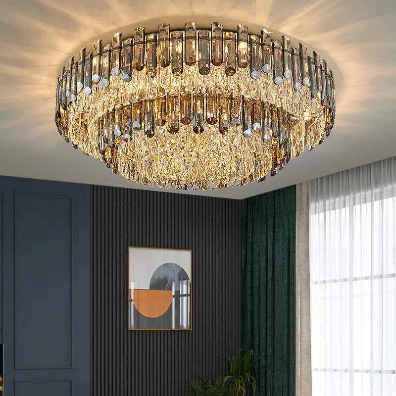DecorBites™ Lustre en cristal doré pour salon, luminaire de luxe