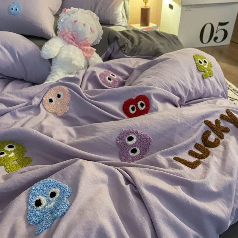 DecorBites™ Cotton Cartoon Towel Embroidery Bedding Set: Quilt Cover, Bed Sheet, Pillowcases