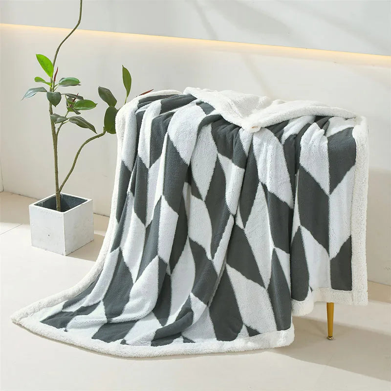 DecorBites™ Geometric Lamb Wool Blanket: Soft Multi-Purpose Sofa Cover for Autumn Winter