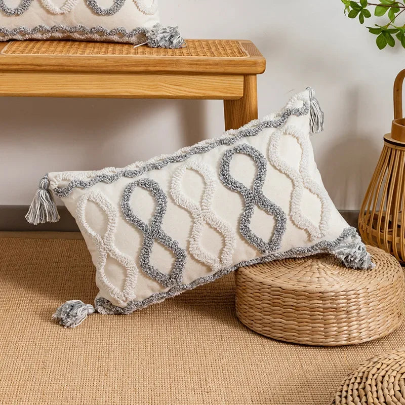 DecorBites™ Geometric Tufted Tassel Cushion Cover White Grey Bohemian Decor Pillow Cover
