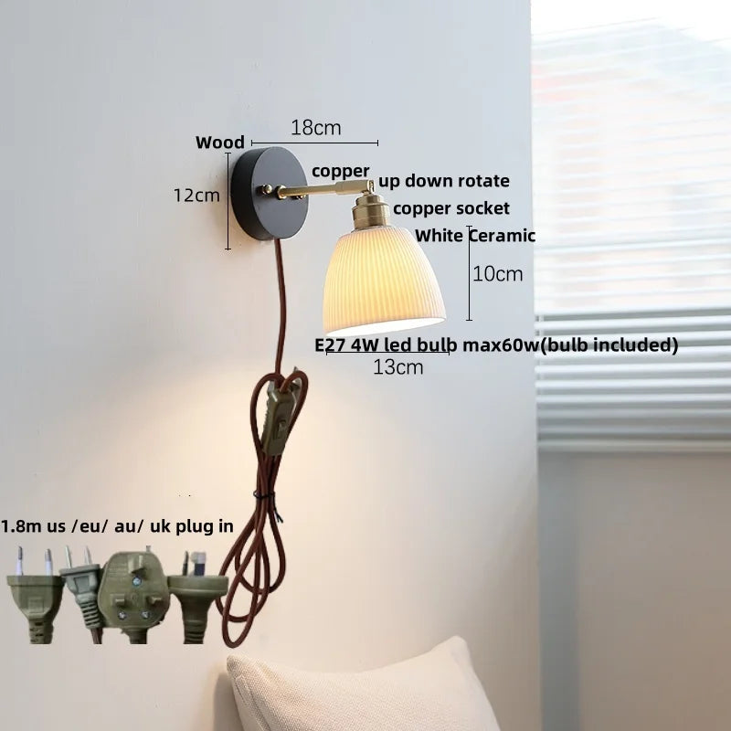 DecorBites™ Black Wood LED Wall Light with Pull Chain Switch, Rotating Japanese Style Bedside Lamp