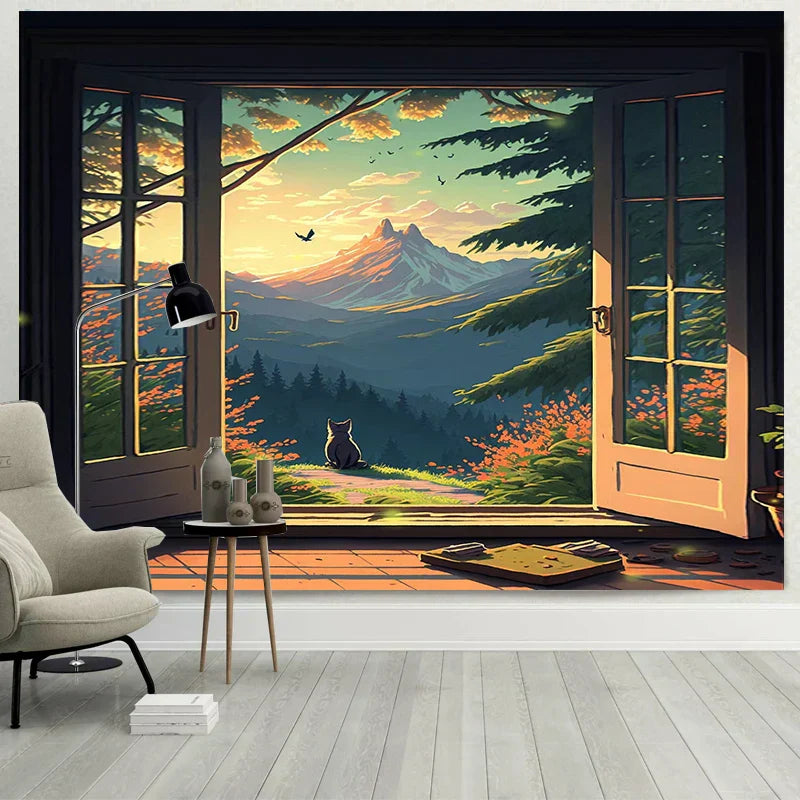 DecorBites™ نسيج حائط بتصميم نافذة أحلام للقطط للمناظر الطبيعية لغرف النوم والمعيشة