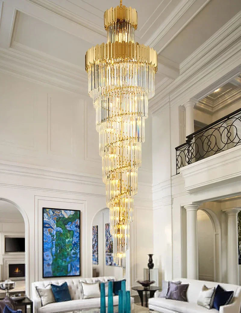 DecorBites™ Golden Luxury Spiral Crystal Chandelier for Multi-Story Staircases