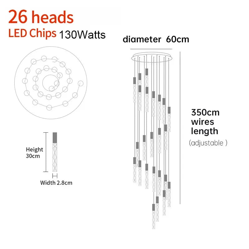 New Staircase Chandelier LED Modern Duplex Loft Spiral Long Chandelier Creative Villa Living Room Bedroom Hanging Crystal Light