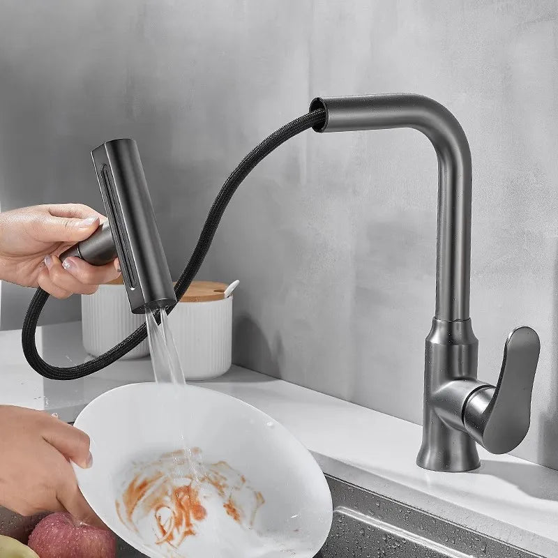 DecorBites™ Gray Waterfall Kitchen Faucet Swivel Pull Out Sink Tap Single Hole