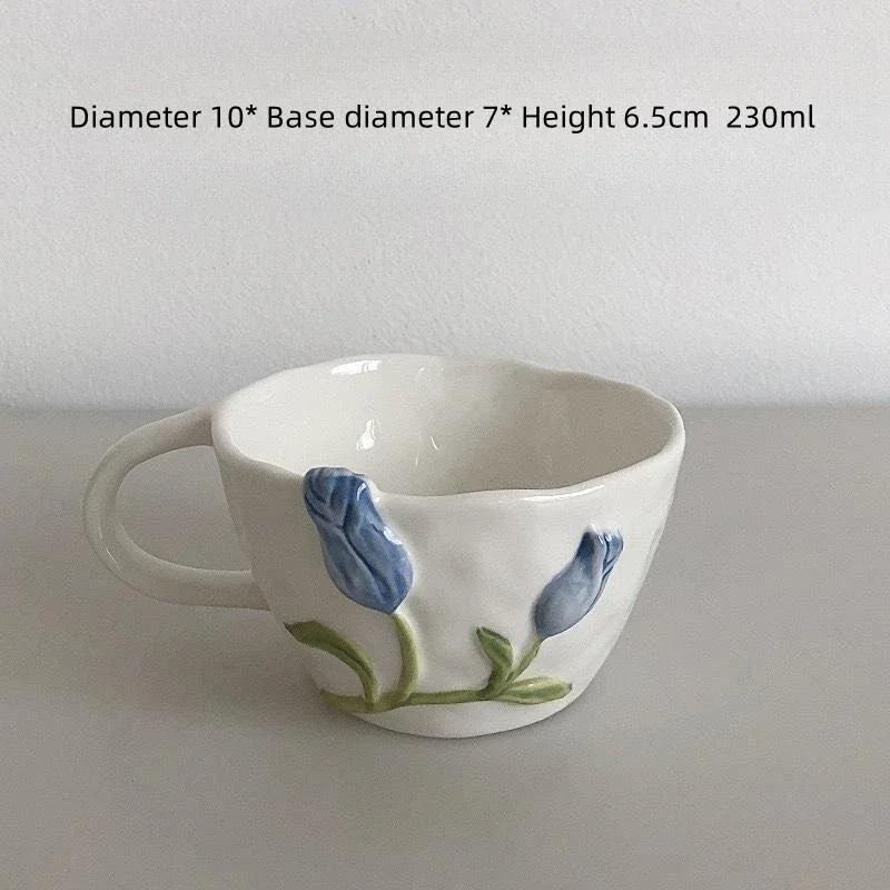 DecorBites™ 3D Embossed Tulip Ceramic Coffee Mug - Handcrafted Irregular Flower Cup