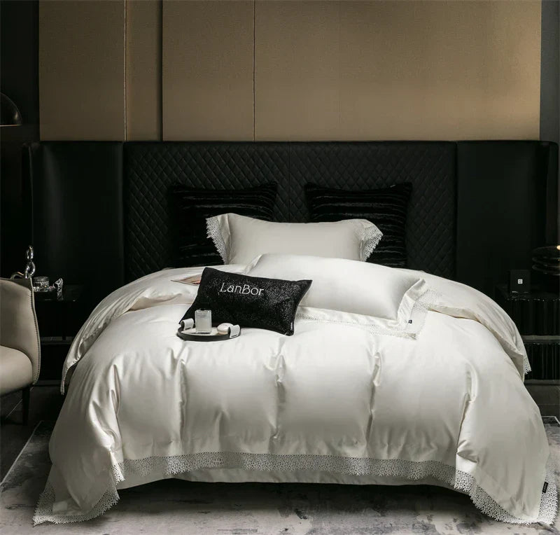 DecorBites™ French Lace Edge Bedding Set, 1000TC Egyptian Cotton, Queen King, Duvet, Sheet, Pillowcases