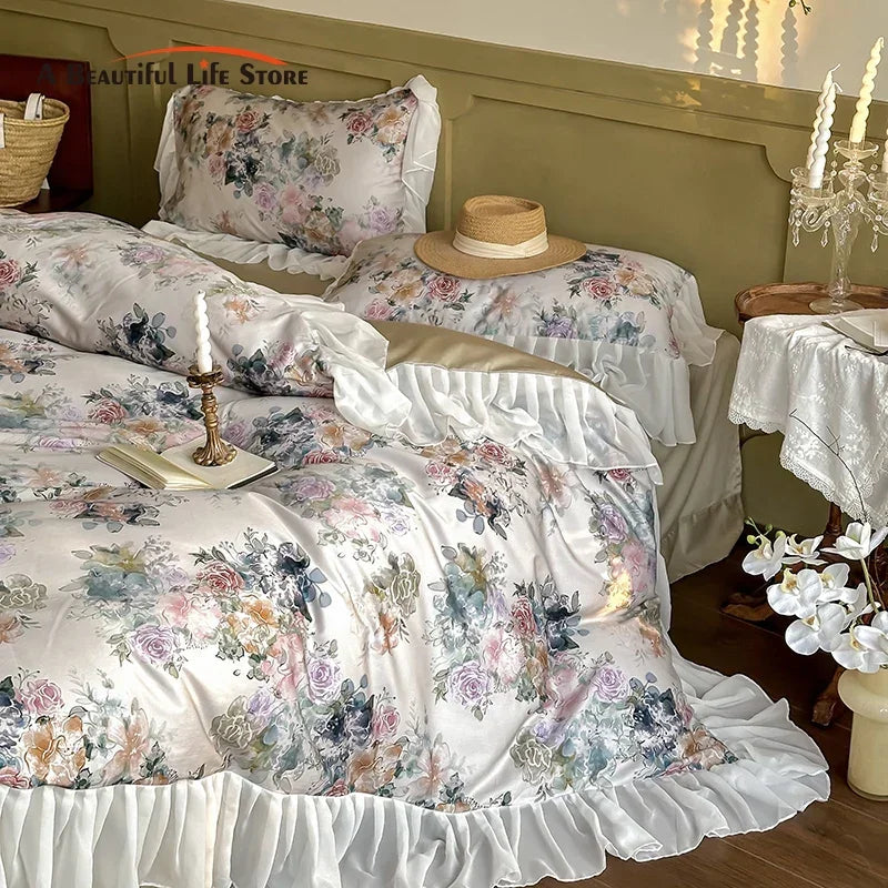 DecorBites™ French Flowers Lace Ruffles Princess Bedding Set with 1000TC Egyptian Cotton