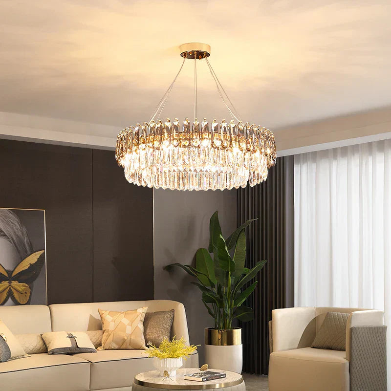 DecorBites™ ثريا كريستال ذهبية: إضاءة فاخرة لغرفة الطعام والمعيشة وغرفة النوم وجزيرة المطبخ
