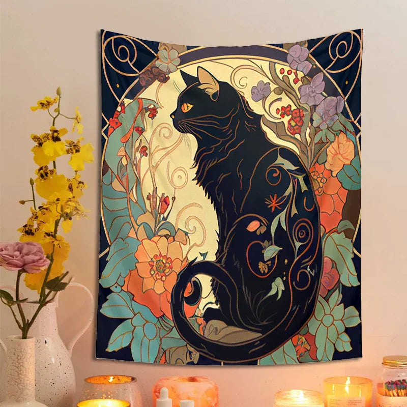 DecorBites™ Black Cat Tapestry Wall Hanging - Psychedelic Floral Art for Cat Lovers