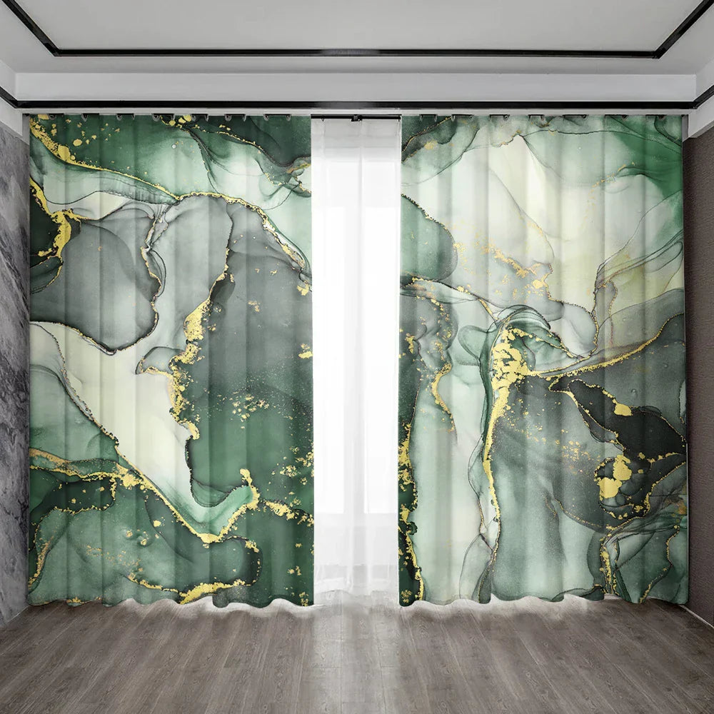 DecorBites™ Green Marble Rod Pocket Curtains for Home Decoration