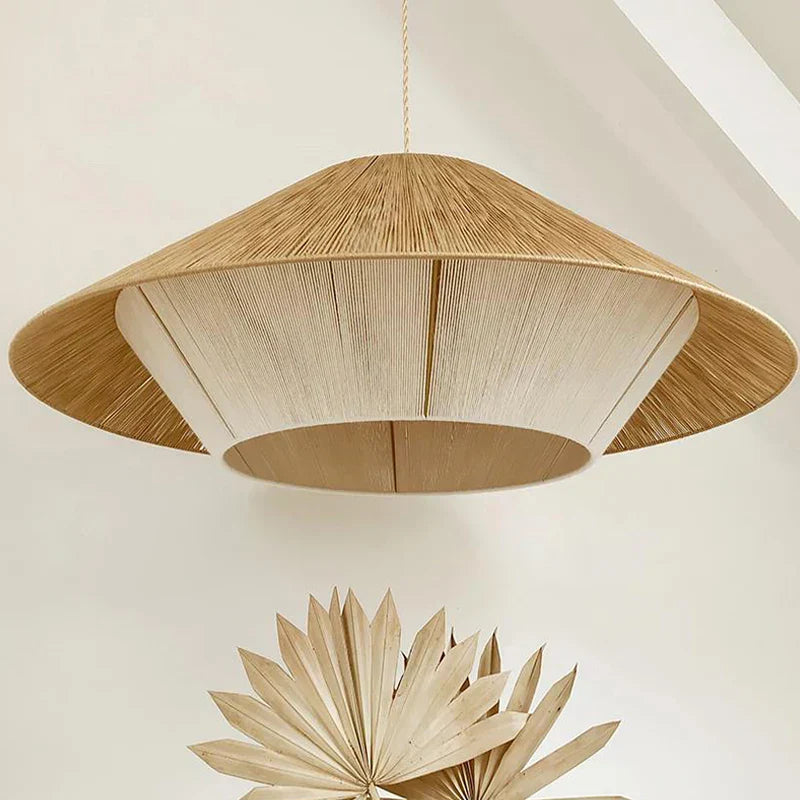 ثريا ديكور بايتس™ (DecorBites™) من خشب الخيزران الطبيعي بحبل القنب وإضاءة LED معلقة لديكور المنزل وغرفة الطعام