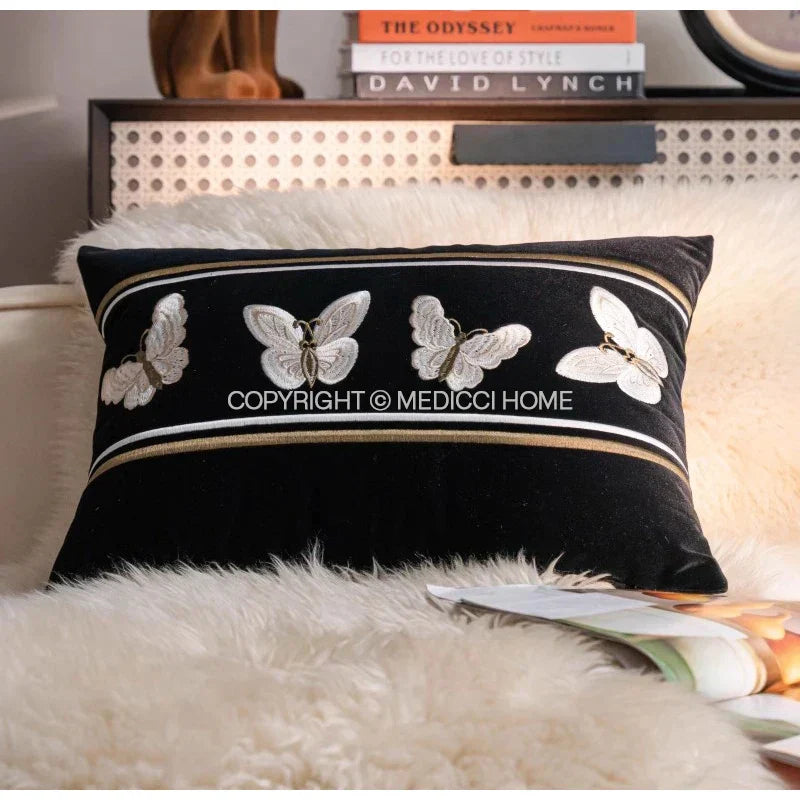 DecorBites™ French Night Velvet Throw Pillow Case with Embroidered Butterflies