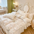 DecorBites™ Cotton Floral Print Bedding Set with Pleat Lace Ruffles, 4-Piece Ensemble
