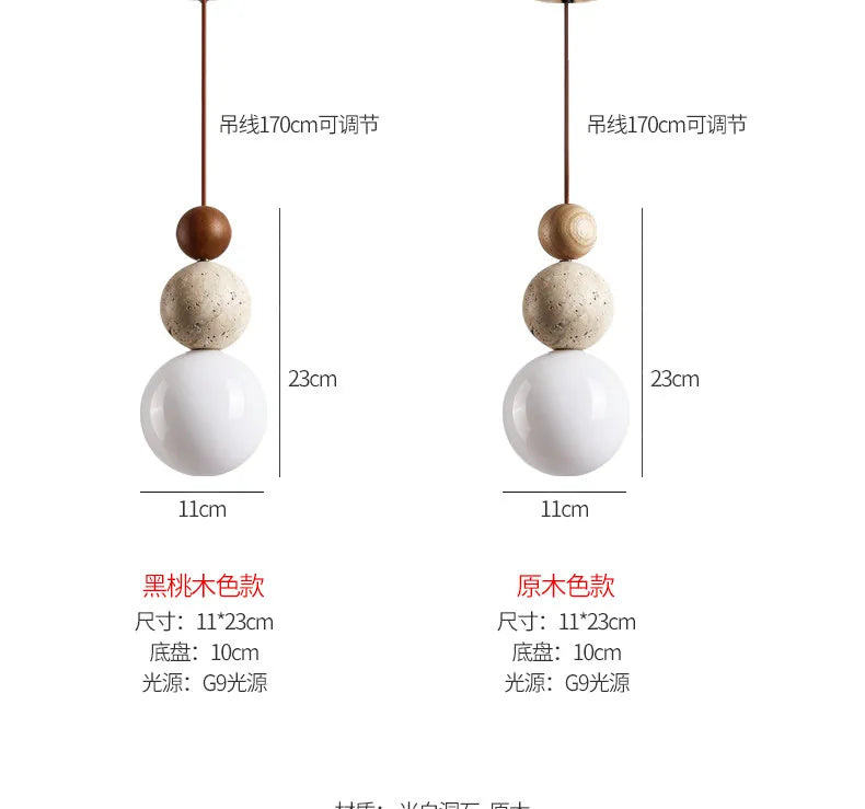 Cream Yellow Travertine And Wood Pendant Light