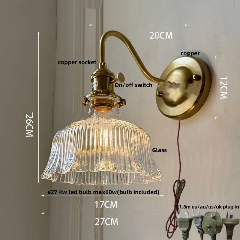 DecorBites™ Green Glass LED Wall Light with Copper Knob Switch for Modern Home Décor