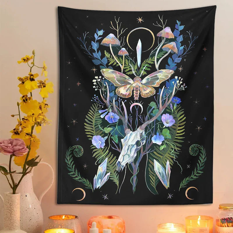 DecorBites™ جمجمة غزال عيش الغراب قمر معلقة حائطية نسيج مخدر ديكور سحر