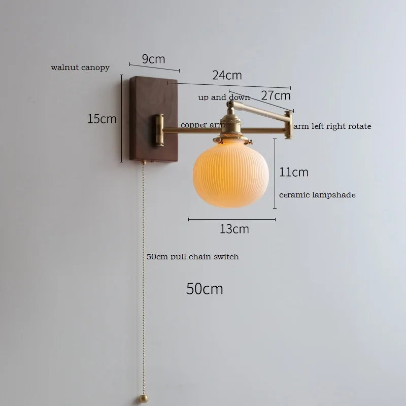 DecorBites™ Clear Glass Copper LED Wall Light with Pull Chain Switch & Walnut Wood Canopy
